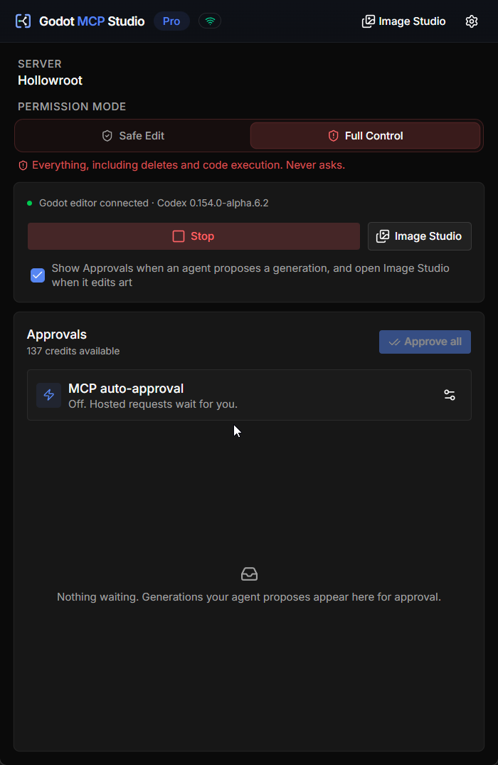 Desktop app connected to Hollowroot and Codex, with permissions and approvals, in dark mode.