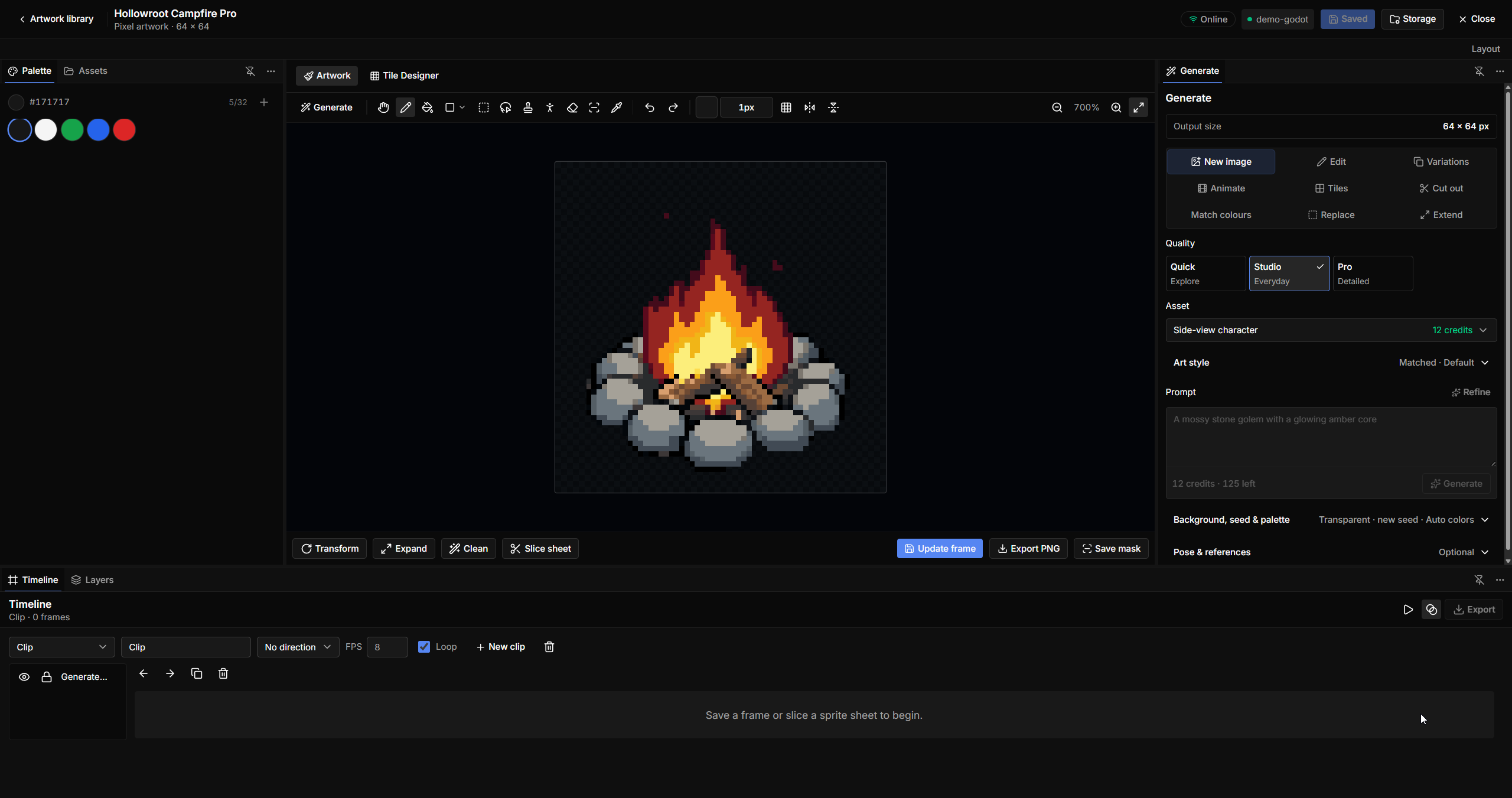 Hollowroot Campfire Pro pixel art in Image Studio with drawing and generation tools, dark theme.