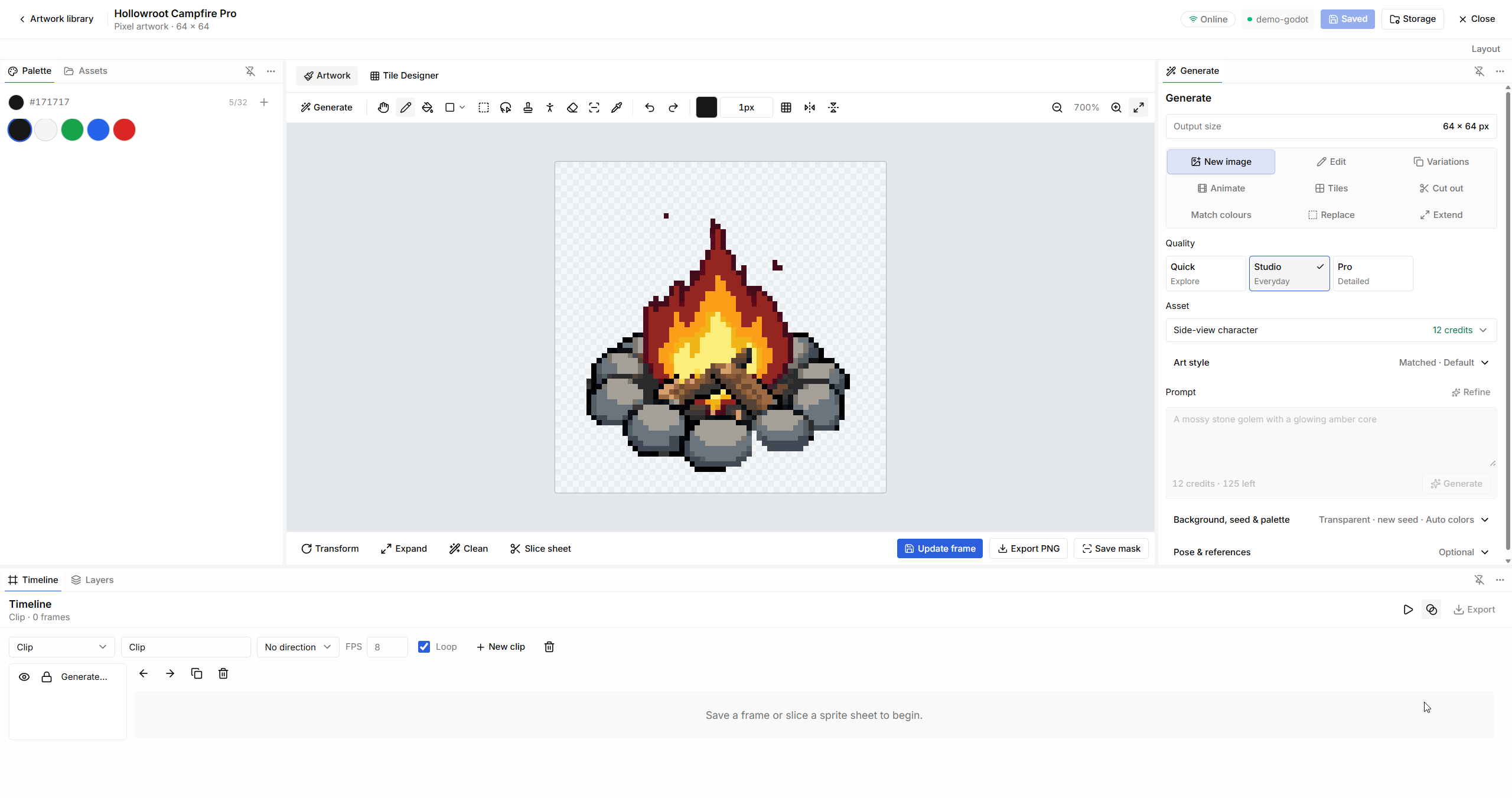Hollowroot Campfire Pro pixel art in Image Studio with drawing and generation tools, light theme.