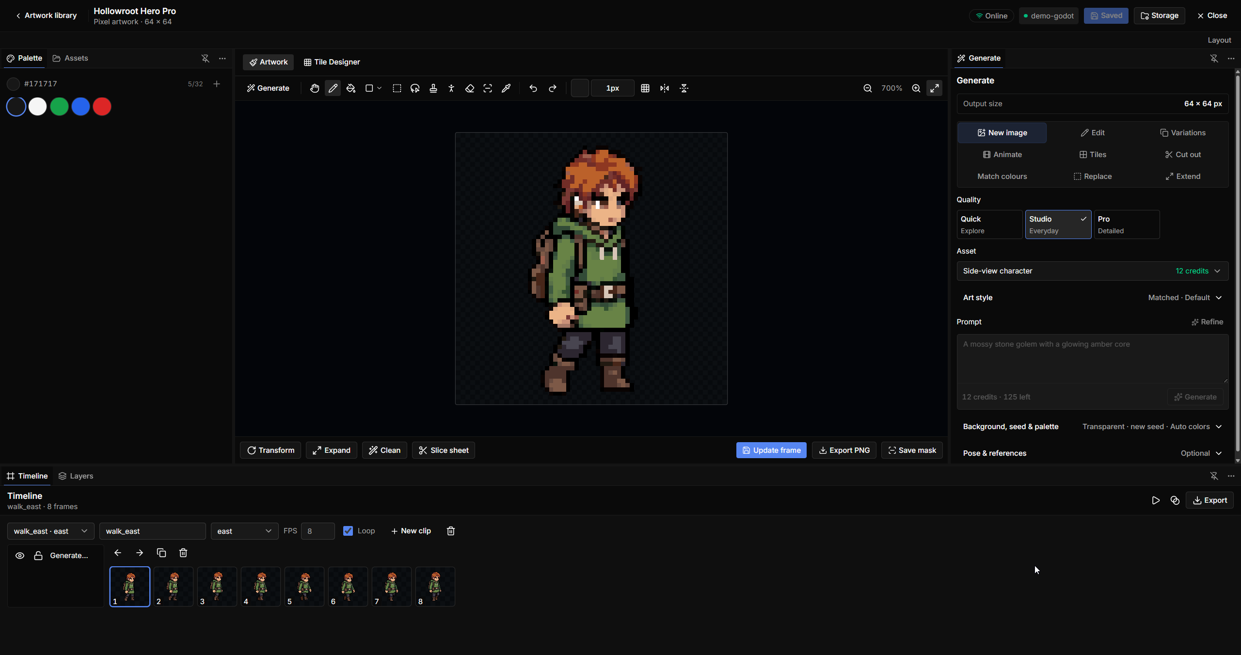 Image Studio in dark mode with Hollowroot Hero Pro, quality choices, Tile Designer, and animation timeline.