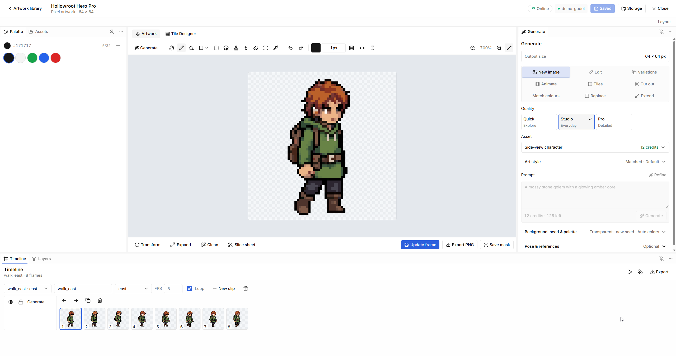 Image Studio in light mode with Hollowroot Hero Pro, quality choices, Tile Designer, and animation timeline.